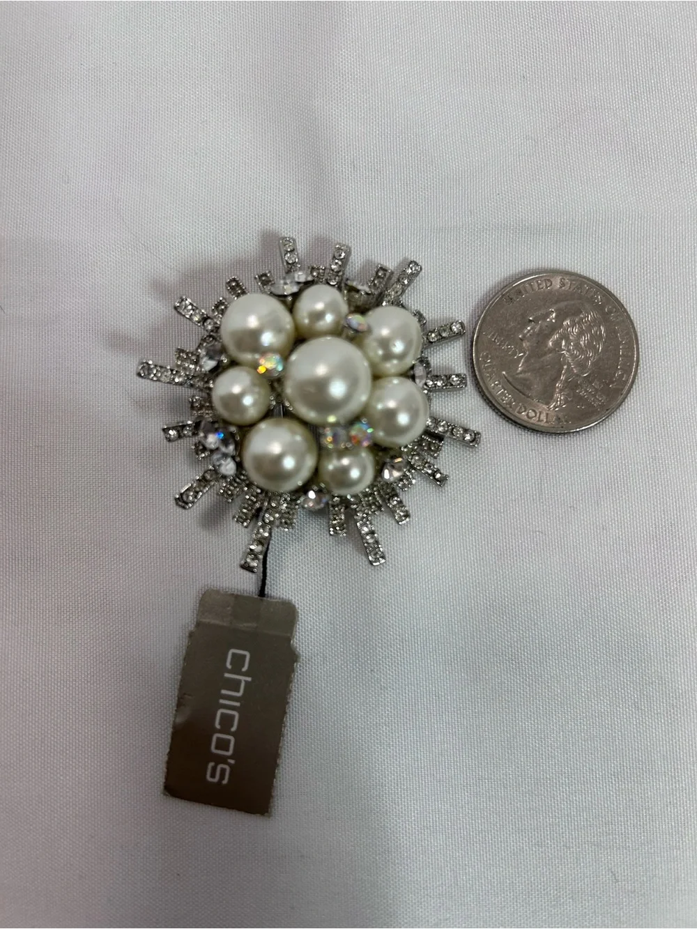 Chico's Pearl & Crystal Sunburst Brooch - Ivory and Silver